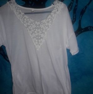 OverMal white t shirt with floral neckline